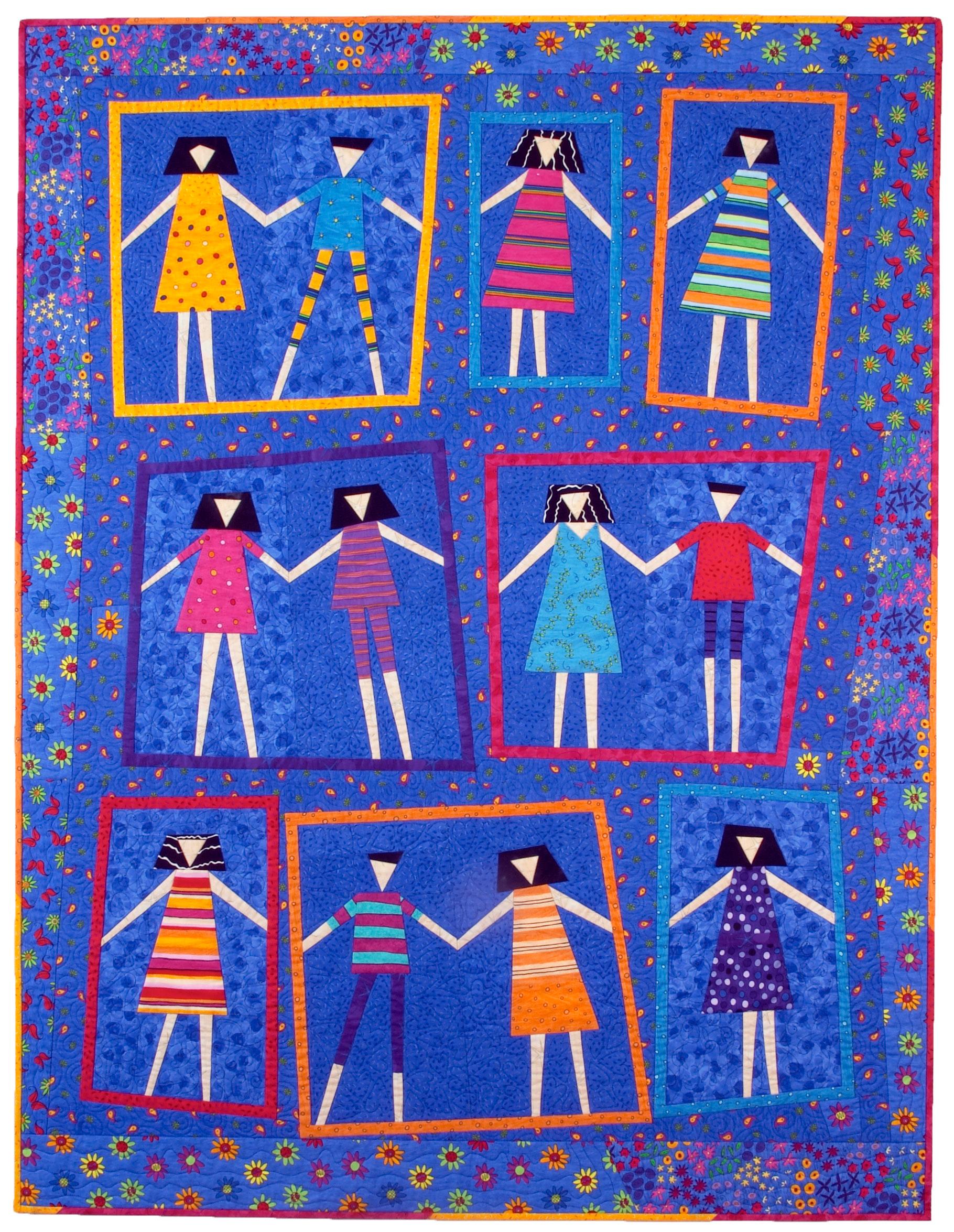 Colorful quilt with cartoon-style characters in frames on a blue background
